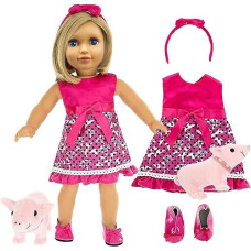 4Pc Pink Flower Dress Doll Outfit W Piglet Plush - 18" Doll Clothes & Accessories Compatible W American Girl Doll - Set Includes Dress, Headband, Shoes, & Stuffed Pet Pig - Gifts For Girls