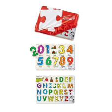 Melissa & Doug Abcs And 123S Wooden Peg Puzzles Set With Puzzle Keeper Stretchy Cover