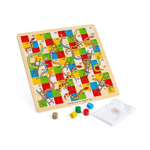 Bigjigs Toys Traditional Snakes And Ladders Game - Quality Snake And Ladders Family Games For Kids And Adults, Up To 4 Players, Board Game Includes Counters & Dice