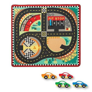Melissa & Doug Round The Speedway Race Track Rug With 4 Race Cars (39 X 36 Inches) , Black