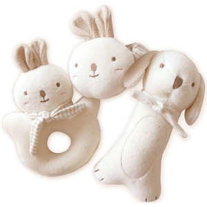 John N Tree Organic Baby First Friends, Stuffed Animals (Puppy & Baby Rabbit Rattle Set) Attachment Doll For Baby, Organic Toy