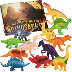 Prextex Dinosaur Figures For Kids 3-5+ (12 Plastic Dinosaurs With Educational Dinosaur Book) Dinosaur Toys Set For Toddlers Learning & Development (Boys & Girls)