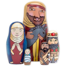 Bits And Pieces - 5Pc Nesting Doll Holy Family -The Nativity Family Hand Painted Hand Made Wooden Nesting Dolls Matryoshka Nativity Figurines - Set Of 5 Dolls From 5.5" Tall