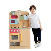 Teamson Kids Little Chef Florence Classic Interactive Wooden Play Kitchen With Accessories And Storage Space For Easy Clean Up, Wood Grain With Red And Yellow Accents