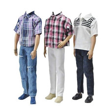 E-Ting 3 Sets Fashion Casual Wear Plaid Doll Clothes Jacket Pants Outfits With 3 Pairs Shoes For 12 Inches Boy Dolls