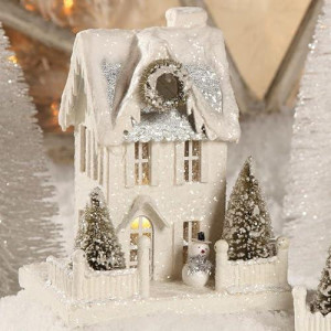 Bethany Lowe 9" Wintery White Tall Putz House With Snowman Christmas Village Figure