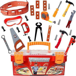 Liberty Imports 31 Piece Tool Box Set With Removable Tray - Plastic Power Tool Belt Kit Pretend Play Construction Workshop Kids Toy Set