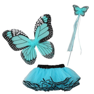 Little Girls Turquoise Butterfly Wings Wand Halloween Tutu 3 Pcs Set 2-4T