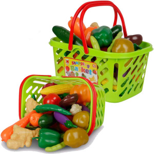 38 Pcs Fruits And Vegetables Shopping Basket Play Food Plastic Toys Set, Healthy Farmer'S Market Grocery Educational Pretend Play Set For Kids