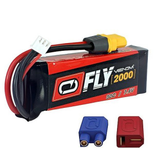 Venom Fly Series 30C 2S 2000mAh 7.4V LiPo Battery - Includes 14 AWG Soft Silicone Wire Connector, Patented Universal Plug/Adapter System Compatible with Deans and EC3 Plug Types