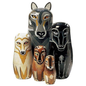 Bits And Pieces - "Wynter & His Pack Wolf Pack - Matryoshka Dolls - Wooden Russian Nesting Dolls - Wolf - Animal Figurines - Stacking Doll Set Of 5
