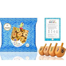 Wood Dreidels Hanukkah Draydel With English Transliteration & Instruction Cards (10-Pack)
