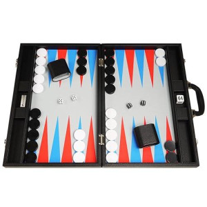 19-Inch Premium Backgammon Set - Large Size - Black Board, Scarlet Red And Patriot Blue Points