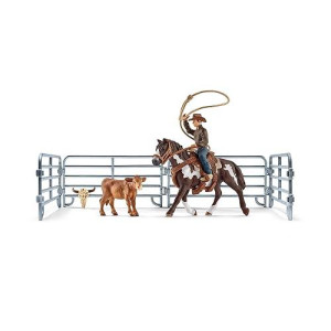 Schleich Farm World, Rodeo Toys For Kids, Team Roping With Cowboy, Cow, And Horse, 11-Piece Set, Ages 3+