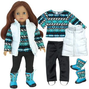Sophia'S Winter Outfit 4 Piece Set With Knit Print Sweater, Black Leggings, White Quilted Vest, And Blue And Black Print Winter Boots For 18 Dolls, Blue
