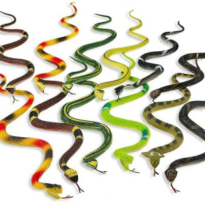 Kicko 12 Pack Of 14 Inch Assorted Rubber Toy Snake - Soft Flexible Realistic Fake Floating Plastic Snakes - Colorful Bulk Small Sizes Set For Reptile School Collection, Birthday Party, Halloween Props