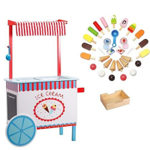 Ice Cream Cart Kids Playstand- Premium Wood 33+ Piece Realistic Wooden Play Set w Money Box, Chalkboard and 30+ Icecream Accessories
