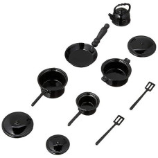 Dollhouse Miniature Metal Pots And Pans, Black, 10 Piece