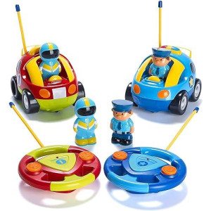 2 Pack Cartoon Remote Control Cars - Police Car And Race Car - Radio Control Toys For Kids, Boys & Girls - Each With Different Frequencies So Both Can Race Together - Gifts For Toddler Boys 18+ Months
