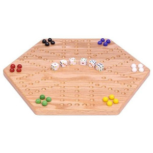 Amishtoybox.Com Wooden Wahoo Marbles Game Board Set - Unpainted Holes - 16" Wide - Solid Oak Wood - Double-Sided - With 16Mm Marbles And Dice Included