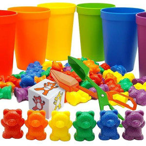Skoolzy Rainbow Counting Bears With Matching Sorting Cups 70 Pc - Toddler Stem Educational Number Learning Toys, Developmental Sensory Bin Motor Skills Activity For Preschool Kids Age 3 +