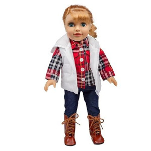Outdoor Mountain Hiking Doll Clothes Outfit (4 Pc Set)- Includes Flannel Shirt, White Vest, Skinny Jeans W Belt, & Boots- Handmade, Premium Outfit & Accessories- Compatible With 18" American Girl Doll