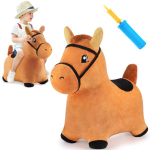 iPlay, iLearn Bouncy Pals Brown Hopping Horse, Toddler Plush Animal Hopper Toy, Kids Inflatable Ride on Bouncer WPump, Indoor Outdoor Jumper, Birthday gifts for 18 24 Months 2 3 Year Old Boys girls