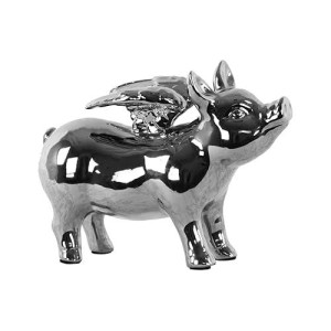 Urban Trends Ceramic Standing Pig Figurine With Wings Polished Chrome Finish Silver, Silver