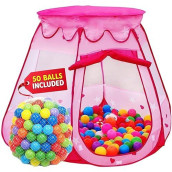 Playz Ball Pit Princess Castle Play Tent For Girls W/ 50 Balls Included - Pop Up Children Play Tent For Indoor & Outdoor Use - Playland Playhouse Tent W/ & Glow In The Dark Stars & Zipper Storage Case