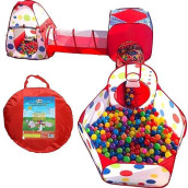 Playz 5-Piece Kids Play Tents Crawl Tunnels And Ball Pit Popup Bounce Playhouse Tent With Basketball Hoop For Indoor And Outdoor Use With Red Carrying Case