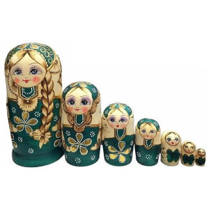 Moonmo 7Pcs Cute Green Sweater Braid Girl Russian Nesting Dolls Matryoshka Toys