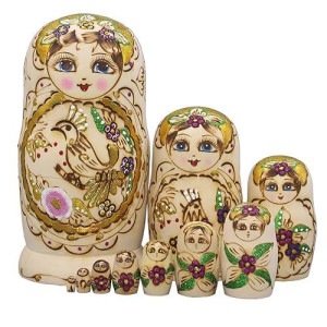 Moonmo 10Pcs Golden Flower Fairy With Bird Handmade Wooden Russian Nesting Dolls Matryoshka Wooden Toys