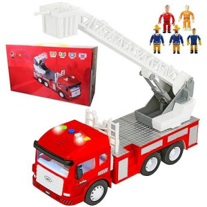 FUNERICA Fire Truck Toy with Flashing Lights, 4 Siren Sounds, Extending Rescue Ladder, Friction Strong Powered Firetruck Engine, Best Firefighter Playset Birthday Gift for Toddlers, Kids, Boys, Girls
