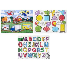 Melissa & Doug Wooden Peg Puzzles Set - Alphabet, Vehicles, And Shapes