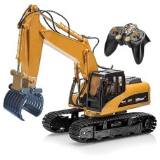 Top Race Tr-215 Remote Rc Construction Grapple Fork 15 Channel Radio Controlled Digger Tractor Toys-Metal Excavators Trucks Kids Adults Boys Girls Age 3+, Orangeyellow