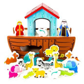 Noah'S Ark Shape Sorter Playset | Biblical Education Toy For Kids | Includes 7 Animal Pairs: Hippos, Lions, Giraffes, Zebras, Elephants, And More | Improves Problem Solving And Fine Motor Skills