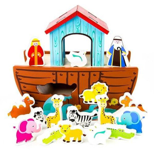 Noah'S Ark Shape Sorter Playset | Biblical Education Toy For Kids | Includes 7 Animal Pairs: Hippos, Lions, Giraffes, Zebras, Elephants, And More | Improves Problem Solving And Fine Motor Skills