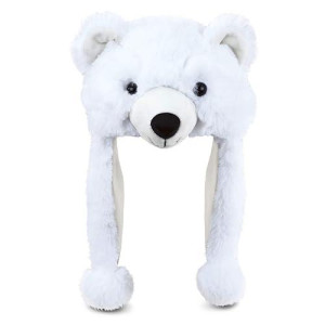 Dollibu White Polar Bear Plush Hat - Super Soft Warm Hat With Ear Flaps, Funny Plush Party Crazy Hat, Stuffed Animal Bear Halloween Costume Toy Hat, Cozy Fleece Winter Hat For Kids & Teens - One Size