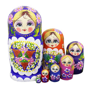 Winterworm Set Of 7 Berries And Flowers Patterns Wooden Nesting Dolls Matryoshka Russian Doll