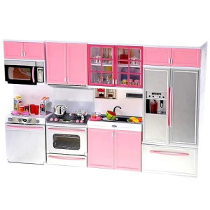 Powertrc Doll Kitchen Play Set, Mini Modern Toy Pink Kitchen Pretend Play Furnitures Toy Set Accessories Set With Realistic Light & Sound For Kids Toddlers Girls (4-In-1)