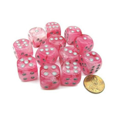 Chessex Ghostly Glow 16Mm D6 Dice Block (12 Dice) - Pink With Silver Numbers