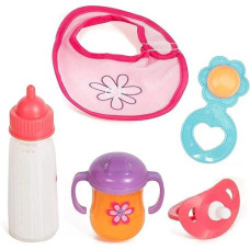 Mommy & Me Baby Doll Bottles With Disappearing Milk, Realistic Accessories, 5 Piece Baby Doll Feeding Set, Includes A Disappearing Magic Bottle, Sippy Cup, Bib And Pacifier