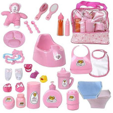 Mommy & Me Baby Doll Feeding, Changing, And Accessories Set Including Potty, Magic Bottle, And 28 Doll Accessories, With Toy Bag