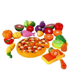 Emorefun Funslane 24 pcs Pretend Food Playset, Plastic Kitchen Cutting Fruits and Vegetables Set with Pizza Play Food Set for Educational Early Age Puzzle Development Learning Toy