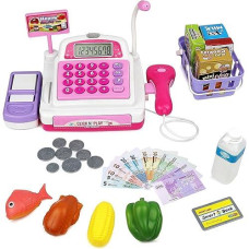Click N' Play Electronic Calculator Grocery Store Pretend Play Cash Register With Cashier Play Money Toy Atm Credit Card Pink Playset | Learning Resources For Kids And Toddlers Ages 2-4 4-8 Years Old