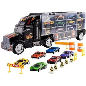 Toy Truck Transport Car Carrier Toy For Boys And Girls Age 3-10 Yrs Old - Hauler Truck Includes 6 Cars And Accessories - Fits 28 Car Slots - Ideal Gift For Kids