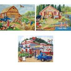 Bits and Pieces - Set of Three (3) 300 Piece Jigsaw Puzzles for Adults - Americana Collection - Lakeside Lodge, Franks Friendly Service, Apple Picking - 300 pc Jigsaws by Artist Kay Lamb Shannon