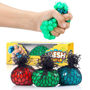 Yoya Toys Squishy Mesh Stress Balls - Non-Toxic Rubber Sensory Balls, Calming Toys For Stress And Anxiety, Special Needs, Autism - Mesh For Grape Balls With Net - 2.4 Inches, 3 Pack (Blue, Green, Red)