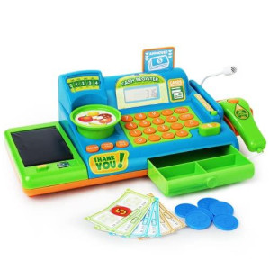 Boley Pretend Play Cash Register Toy For Kids - 19 Piece Interactive Set With Scanner, Microphone, Conveyor Belt, Calculator & Money - Educational Toy For Boys & Girls - Ages 3 And Up