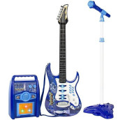 Best Choice Products Kids Electric Musical Guitar Play Set, Toy Guitar Starter Kit Bundle W/ 6 Demo Songs, Whammy Bar, Microphone, Amp, Aux, 2 Sticker Sheets - Blue